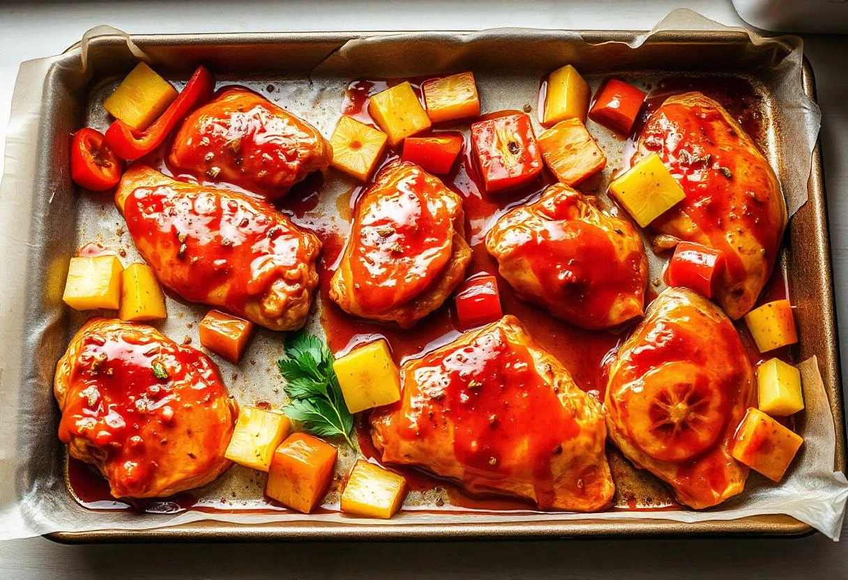 Hawaiian Chicken ingredients arranged on a baking sheet, coated in a tangy pineapple sauce, featuring colorful bell peppers, marinated chicken, and pineapple.