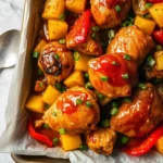 A freshly baked Hawaiian Chicken Sheet Pan with caramelized pineapple, bell peppers, and juicy chicken coated in a glossy sauce, garnished with green onions.