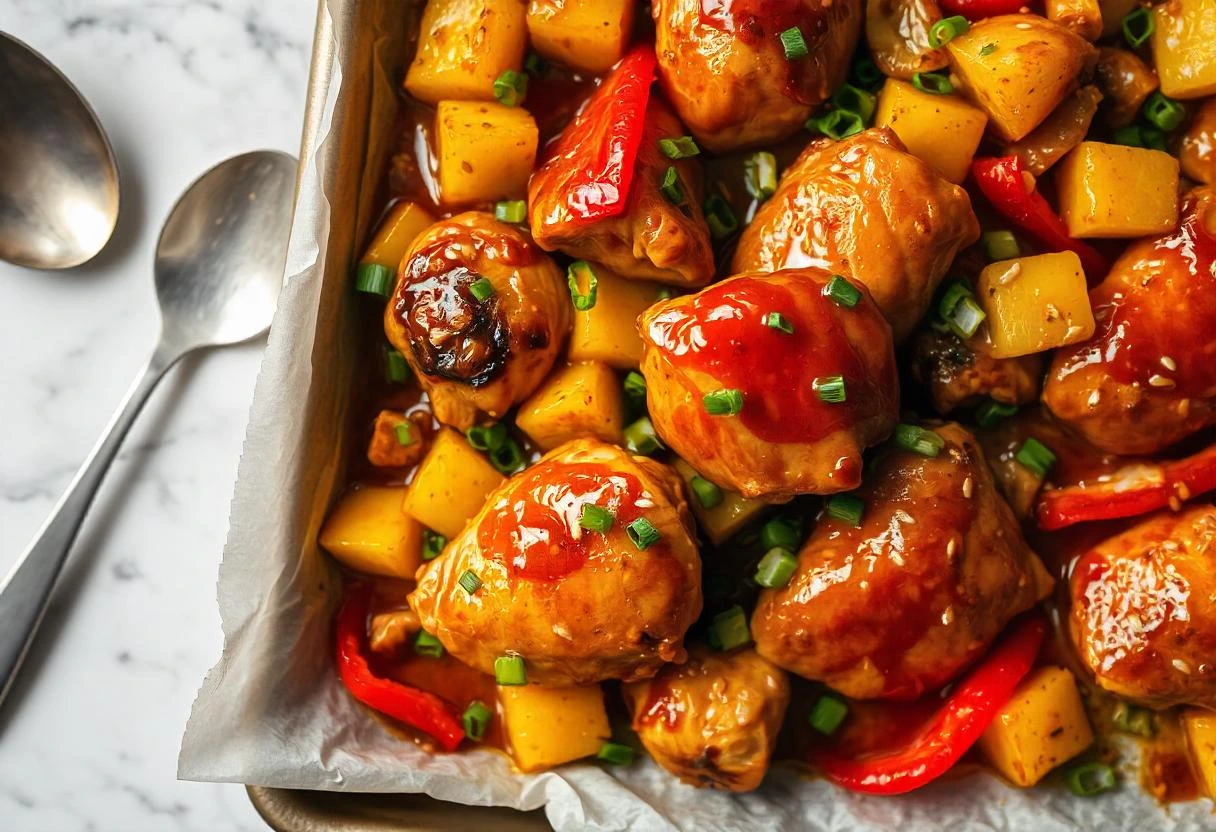 A freshly baked Hawaiian Chicken Sheet Pan with caramelized pineapple, bell peppers, and juicy chicken coated in a glossy sauce, garnished with green onions.