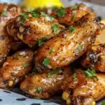 Honey Lemon Pepper Wings on a plate with crispy texture, mouthwatering glaze, and fresh herbs.