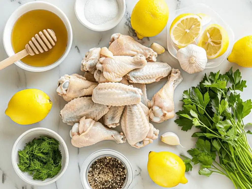 Overhead shot of ingredients for Honey Lemon Pepper Wings, including honey, lemon, chicken wings, and garlic.