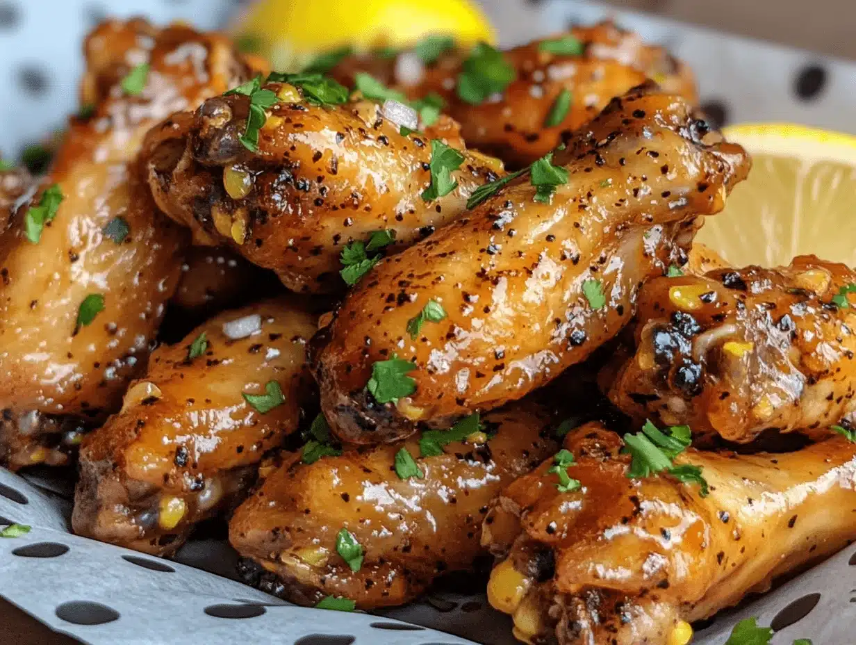 Honey Lemon Pepper Wings on a plate with crispy texture, mouthwatering glaze, and fresh herbs.