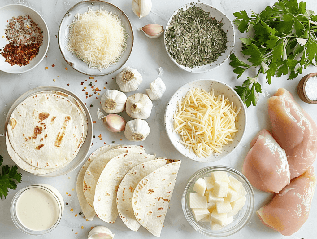 Ingredients for Cheesy Garlic Chicken Wraps laid out on a kitchen countertop