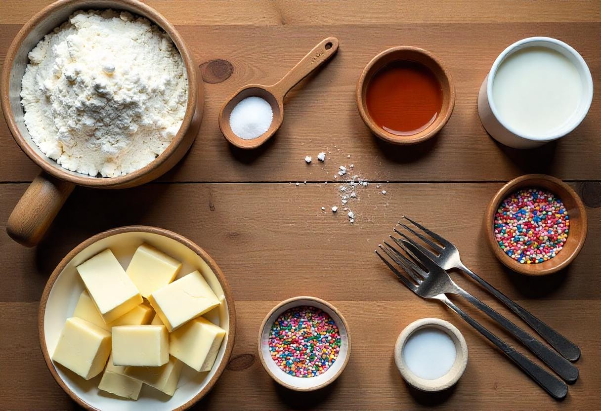 Ingredients for edible sugar cookie dough, including flour, butter, sugar, vanilla extract, milk, and sprinkles, arranged on a wooden countertop.