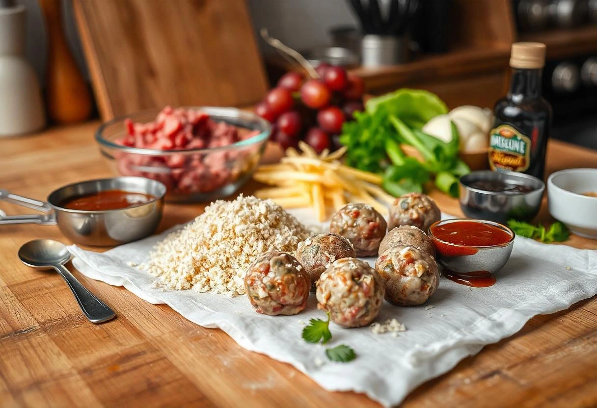 Ingredients for meatballs with grape jelly and barbecue sauce, including frozen meatballs, grape jelly, and barbecue sauce, laid out on a rustic wooden kitchen counter.