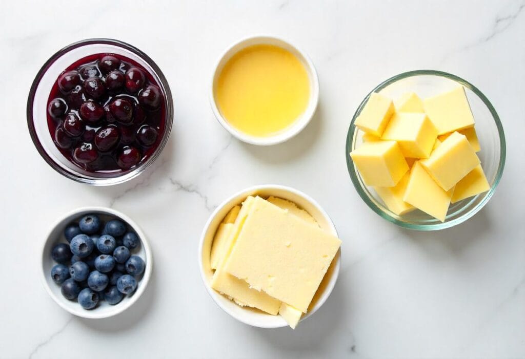 Ingredients for yellow cake crockpot blueberry cobbler arranged neatly on a kitchen counter.