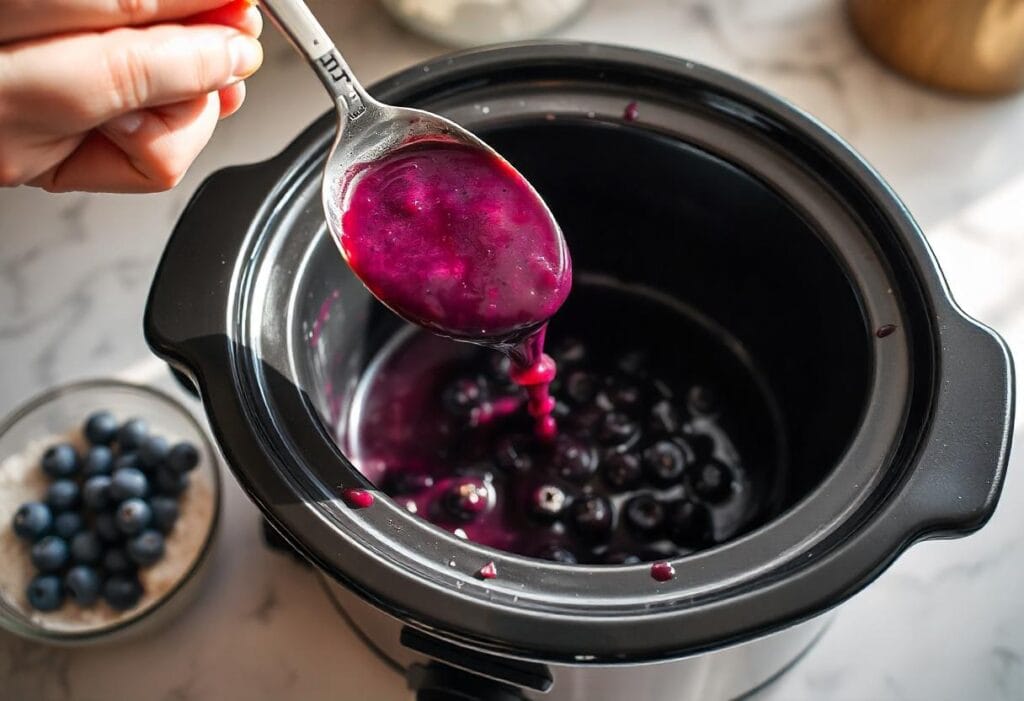 Step-by-step process of adding blueberry pie filling to the crockpot for yellow cake crockpot blueberry cobbler.