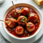 meatballs with grape jelly and barbecue sauce, served with toothpicks and garnished with herbs.