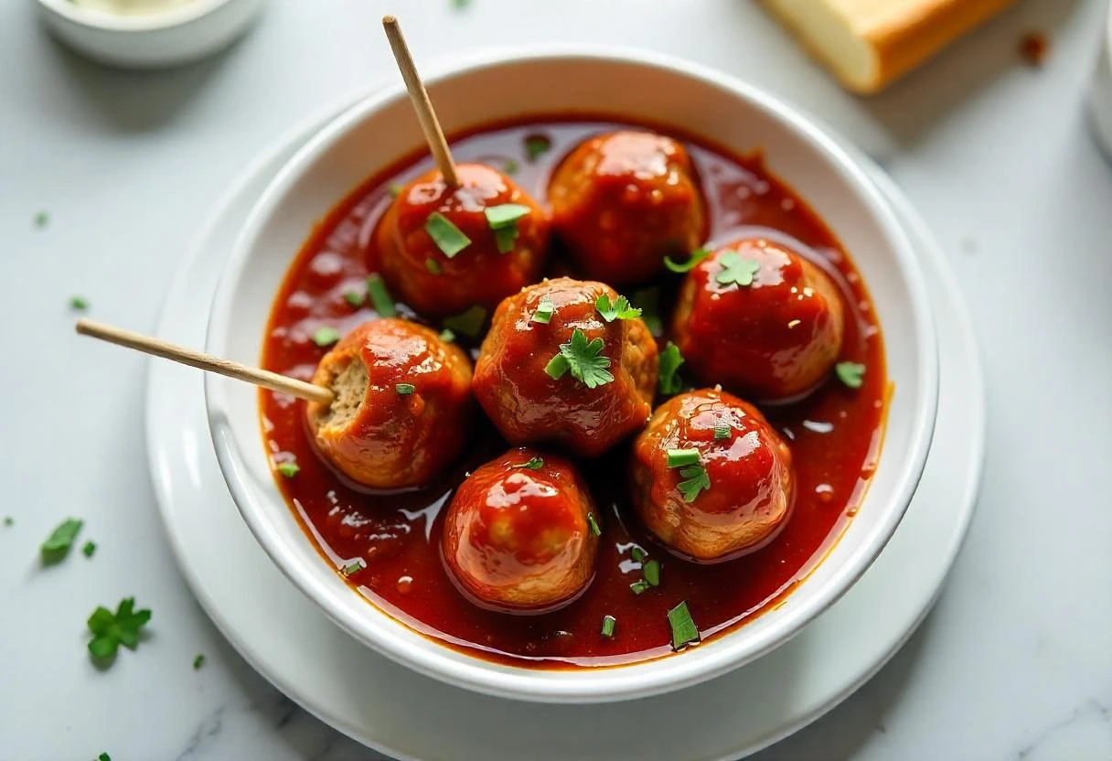 meatballs with grape jelly and barbecue sauce, served with toothpicks and garnished with herbs.