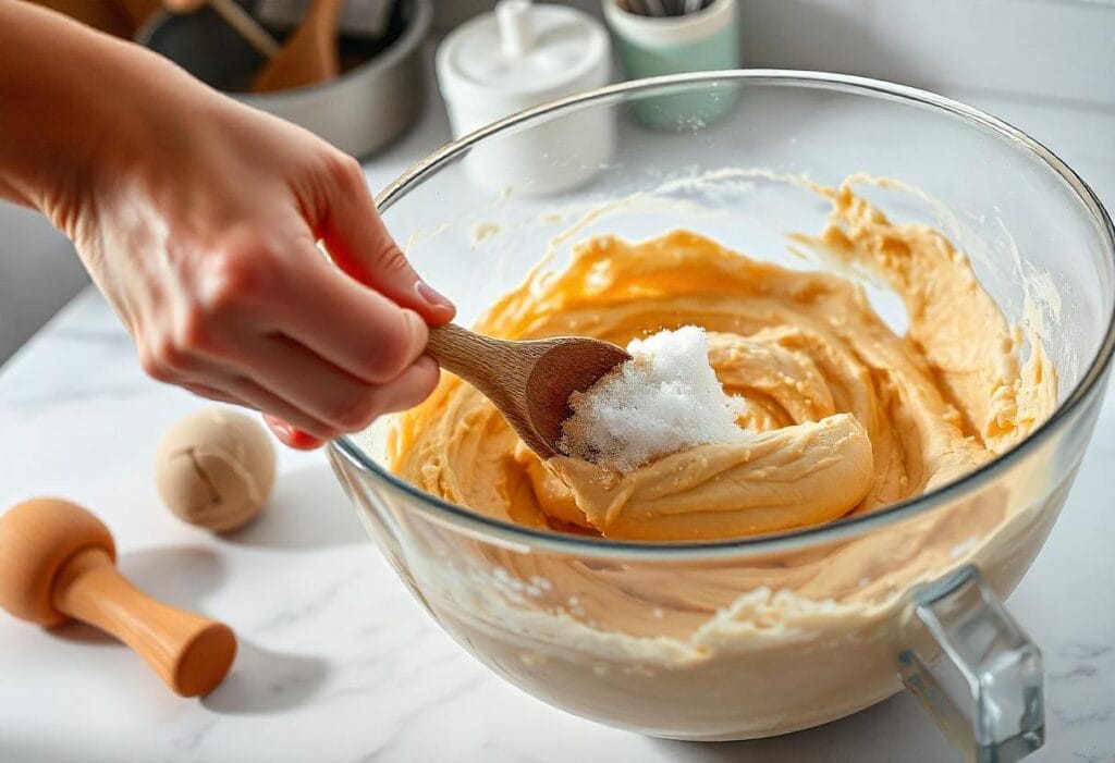 Mixing edible sugar cookie dough in a bowl with a wooden spoon, showing the creamy texture.