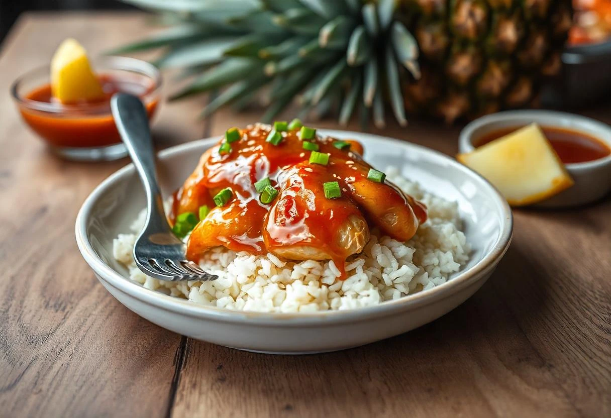 A plated serving of Hawaiian Chicken Sheet Pan with jasmine rice, garnished with green onions and sesame seeds, with extra sauce on the side.