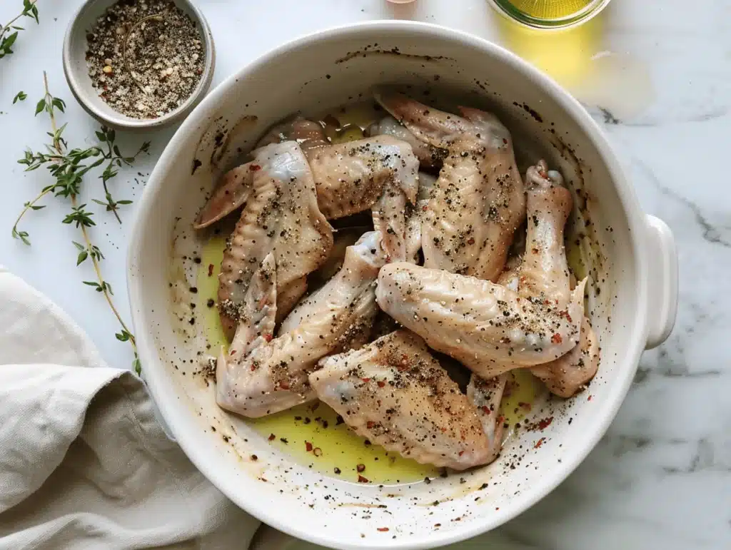 Overhead shot of chicken wings being tossed with olive oil and seasoning.