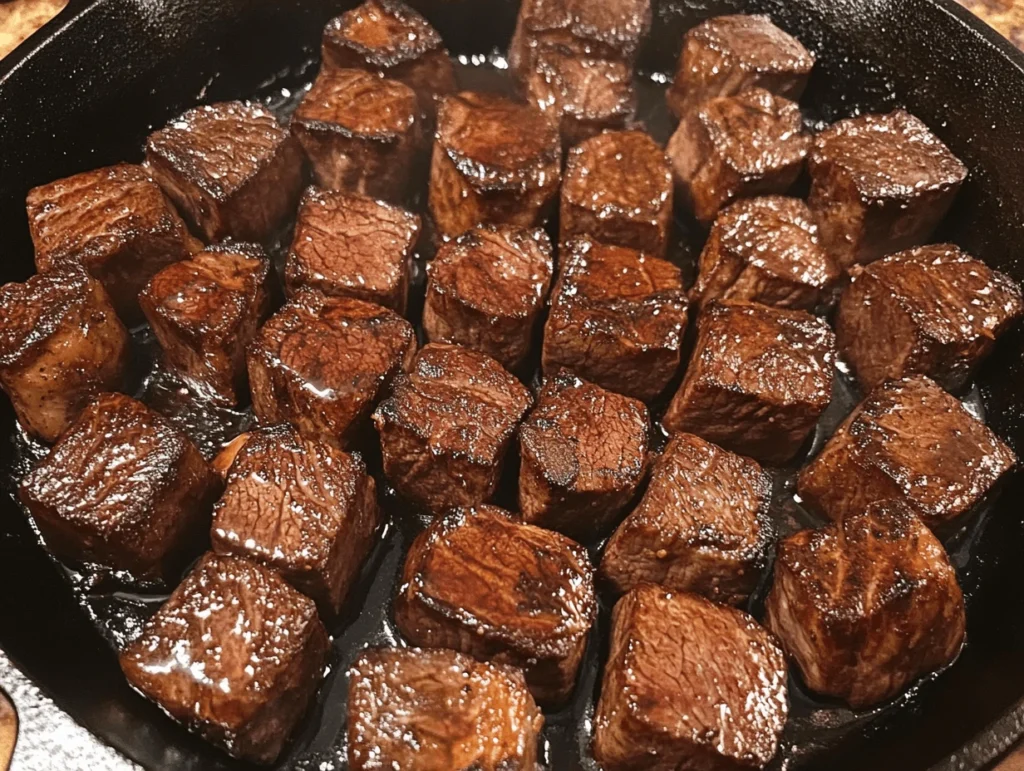 Bite-sized steak pieces sizzling in a skillet, forming a rich golden-brown crust.