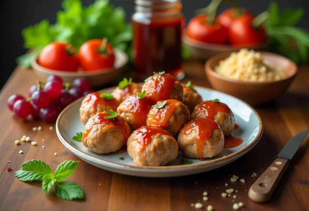 A plate of meatballs with grape jelly and barbecue sauce, garnished with fresh herbs, served as an appetizer.