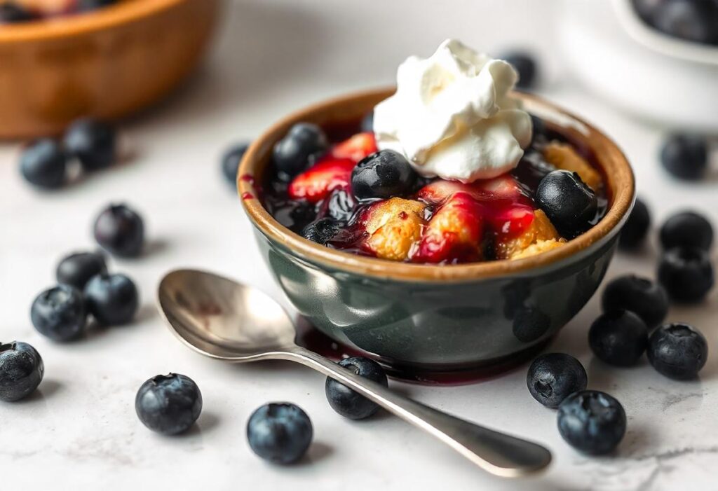 A serving of yellow cake crockpot blueberry cobbler with whipped cream, fresh blueberries, and a spoon on a kitchen counter.