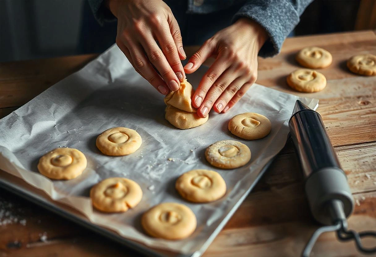 Hands piping classic butter cookie dough into swirls on a parchment-lined baking sheet.