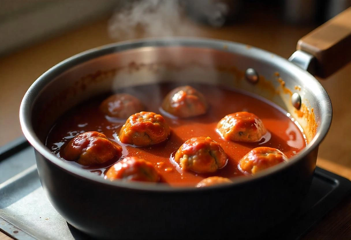 Meatballs simmering in a grape jelly and barbecue sauce mixture, with steam rising gently from the pot.