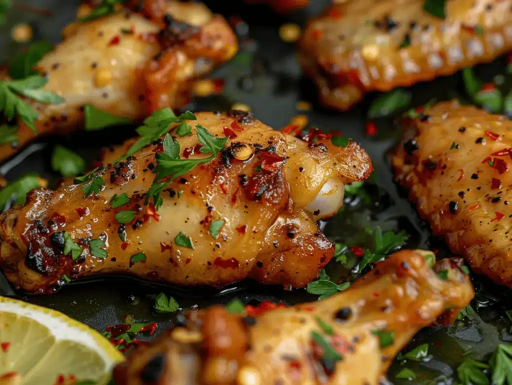 Close-up of spicy Honey Lemon Pepper Wings with chili flakes and fresh herbs