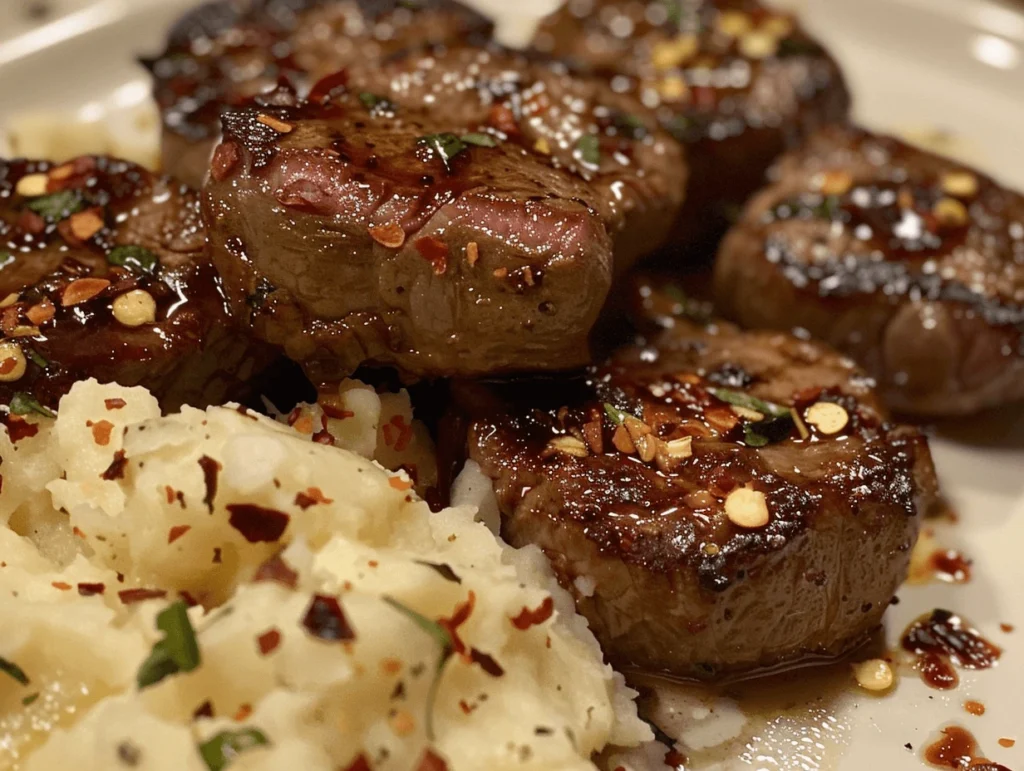 Spicy Garlic Butter Steak Bites with red chili flakes, served alongside creamy mashed potatoes.