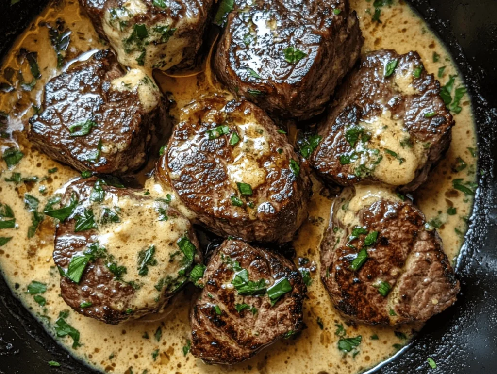 Juicy steak bites coated in a creamy garlic Parmesan sauce, garnished with fresh parsley.