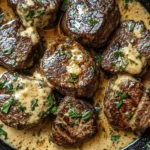 Juicy steak bites coated in a creamy garlic Parmesan sauce, garnished with fresh parsley.