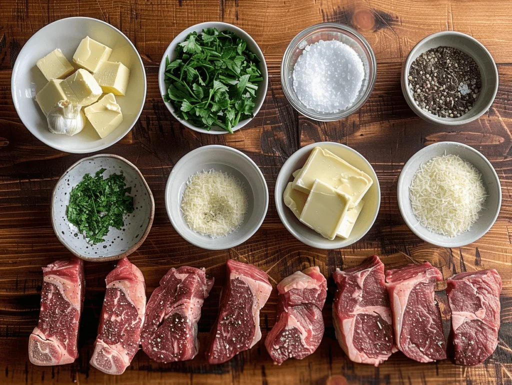 Overhead shot of fresh ingredients for Garlic Butter Steak Bites with Parmesan Cream Sauce, including steak, garlic, and Parmesan.