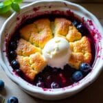 Close-up of a delicious yellow cake crockpot blueberry cobbler with ice cream on a rustic wooden table.