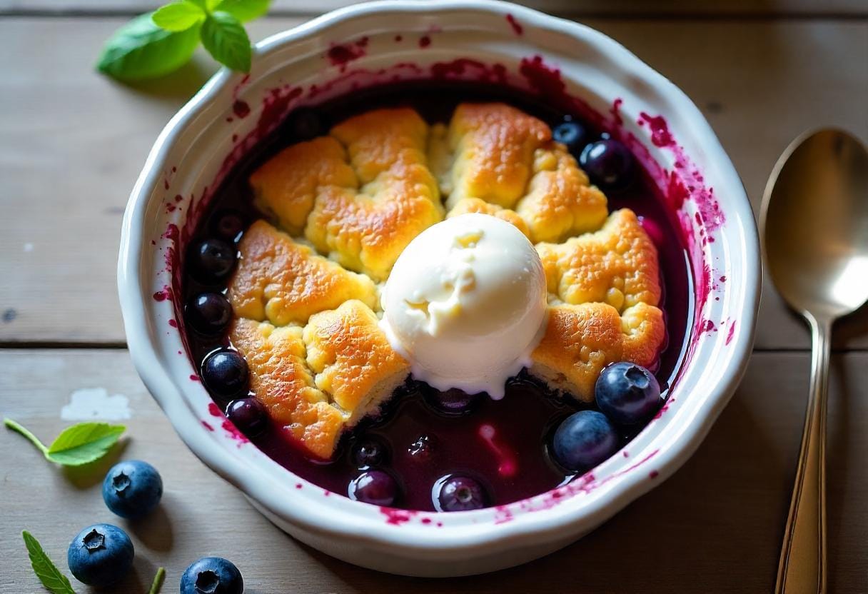 Close-up of a delicious yellow cake crockpot blueberry cobbler with ice cream on a rustic wooden table.