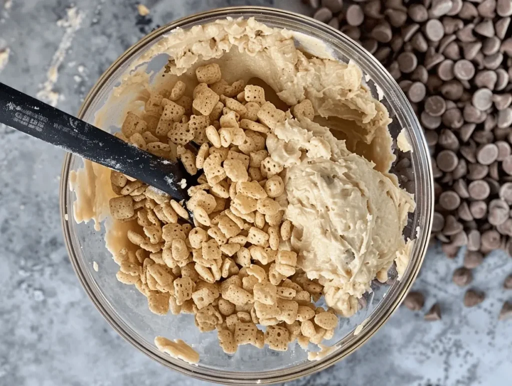 Adding Rice Krispies and chocolate chips to cookie dough