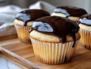 Delicious homemade Boston Cream Cupcakes with custard and chocolate glaze.