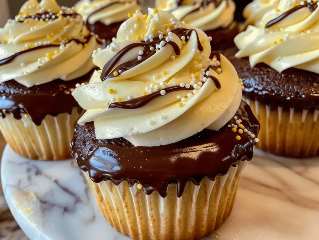 Variation of Boston Cream Cupcakes with whipped cream topping.