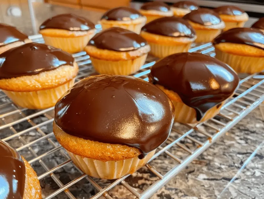 Freshly baked Boston Cream Cupcakes cooling on a wire rack.