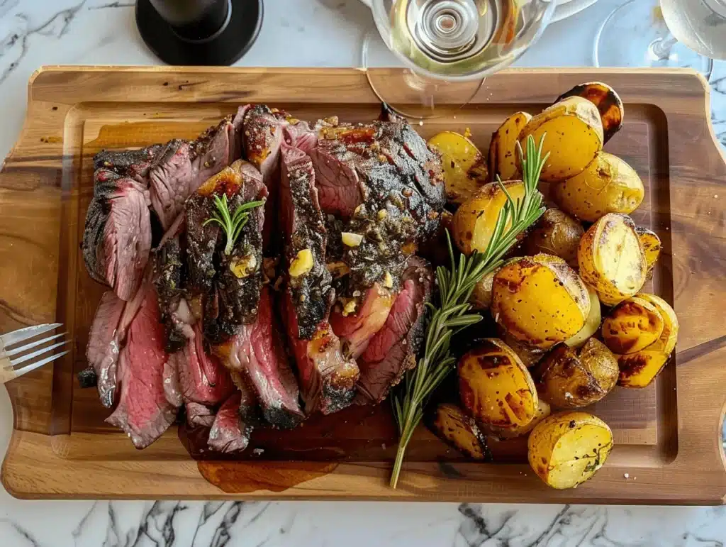 Herb-crusted prime rib roast with garlic butter and roasted potatoes.