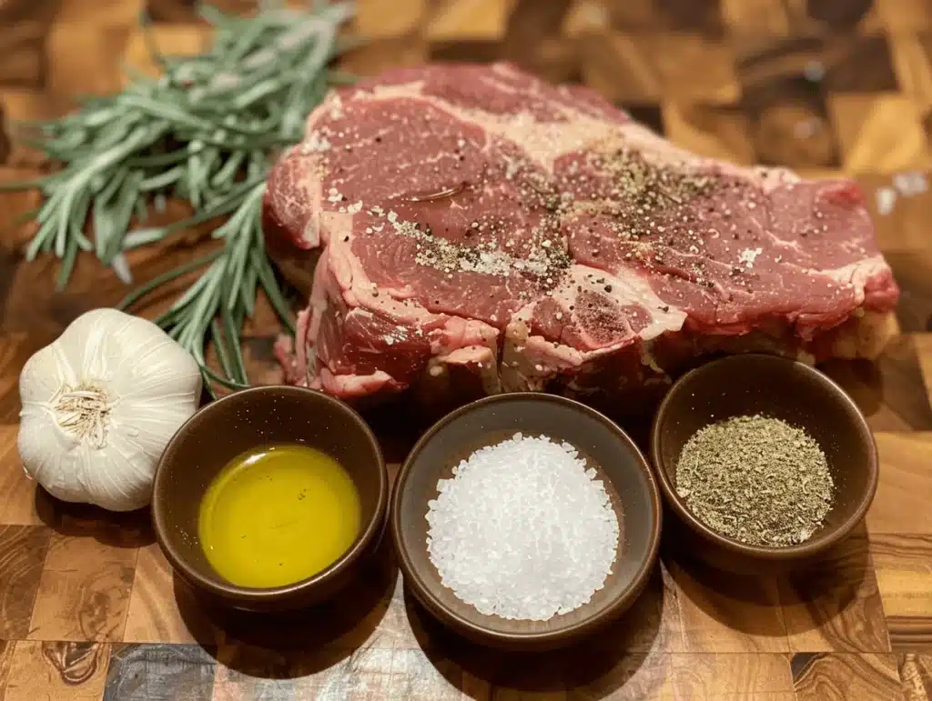 Overhead shot of prime rib roast ingredients, including spices, oil, and fresh herbs.