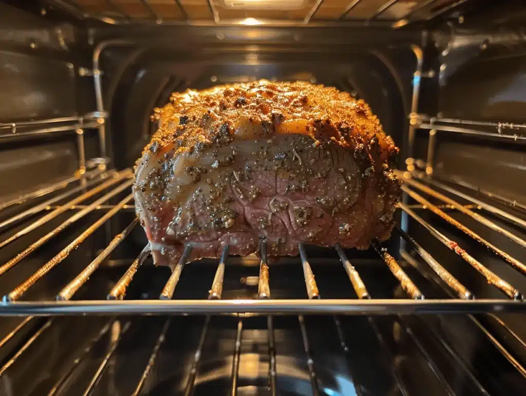 Prime rib roast placed in an oven, sitting on a roasting rack for even cooking.