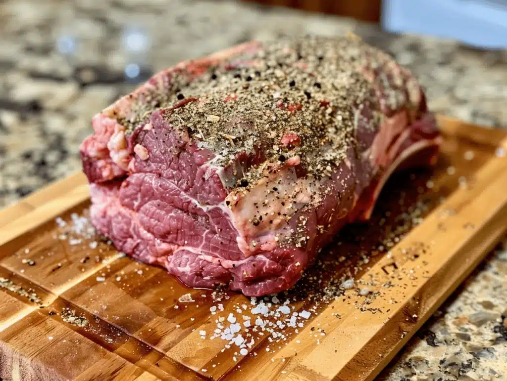 Raw prime rib being coated with spices on a wooden board before roasting.