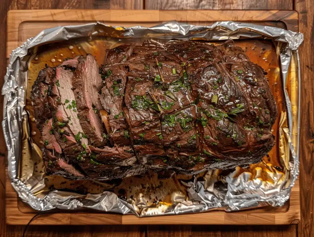 A perfectly cooked prime rib being sliced into thick, juicy portions.