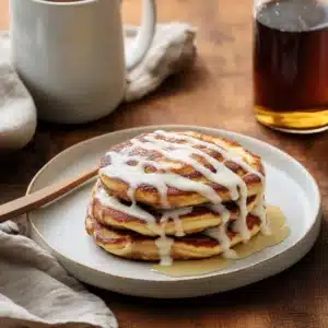 Stack of cinnamon roll pancakes with cream cheese glaze and coffee on rustic table