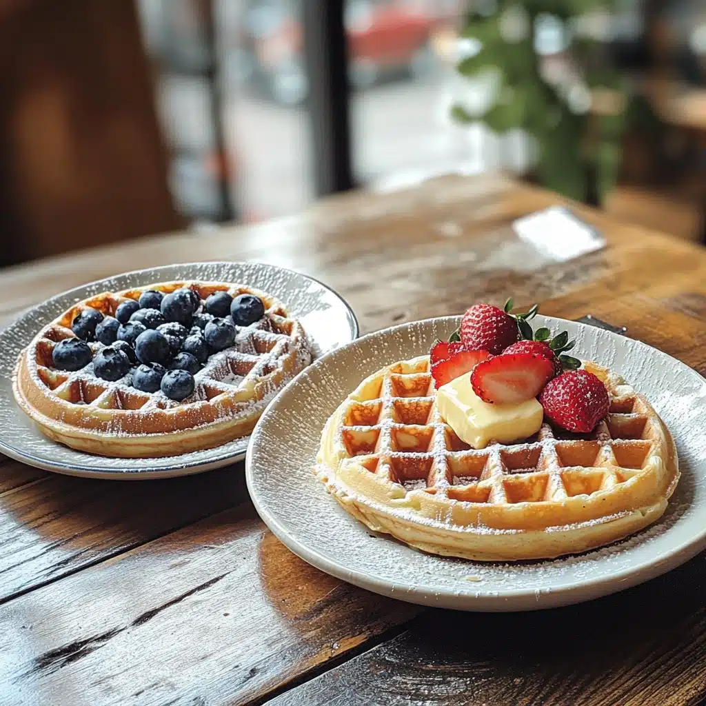 Waffles topped with strawberries and blueberries made from pancake mix