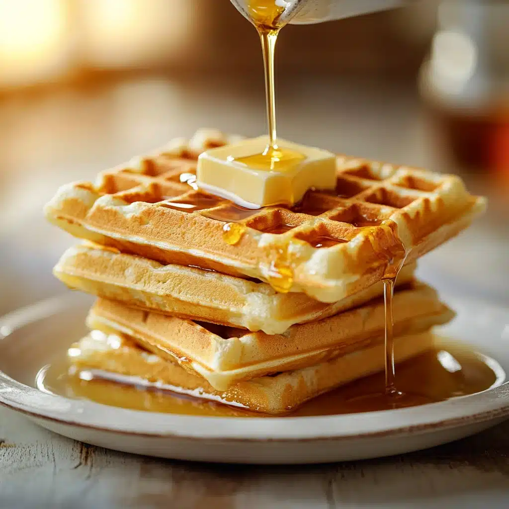 Stack of waffles made with pancake mix, topped with butter and syrup