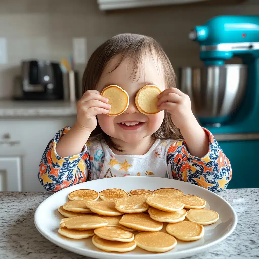 Child smiling while holding mini pancakes over their eyes