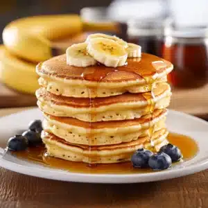 Stack of fluffy Kodiak Cakes pancakes topped with syrup, banana slices, and blueberries on a white plate