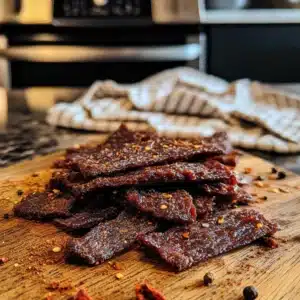 Ground beef jerky strips on a wooden board with spices