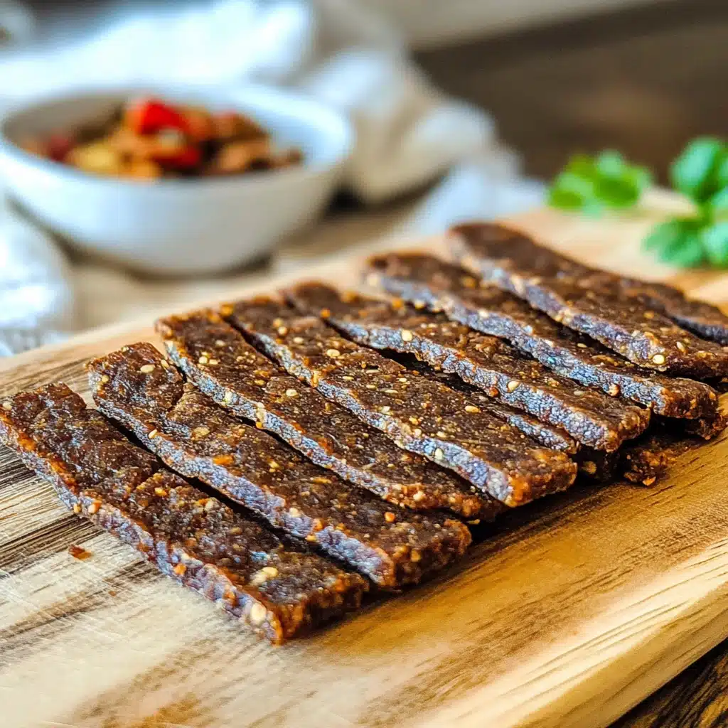 Homemade ground beef jerky strips neatly arranged on a wooden cutting board