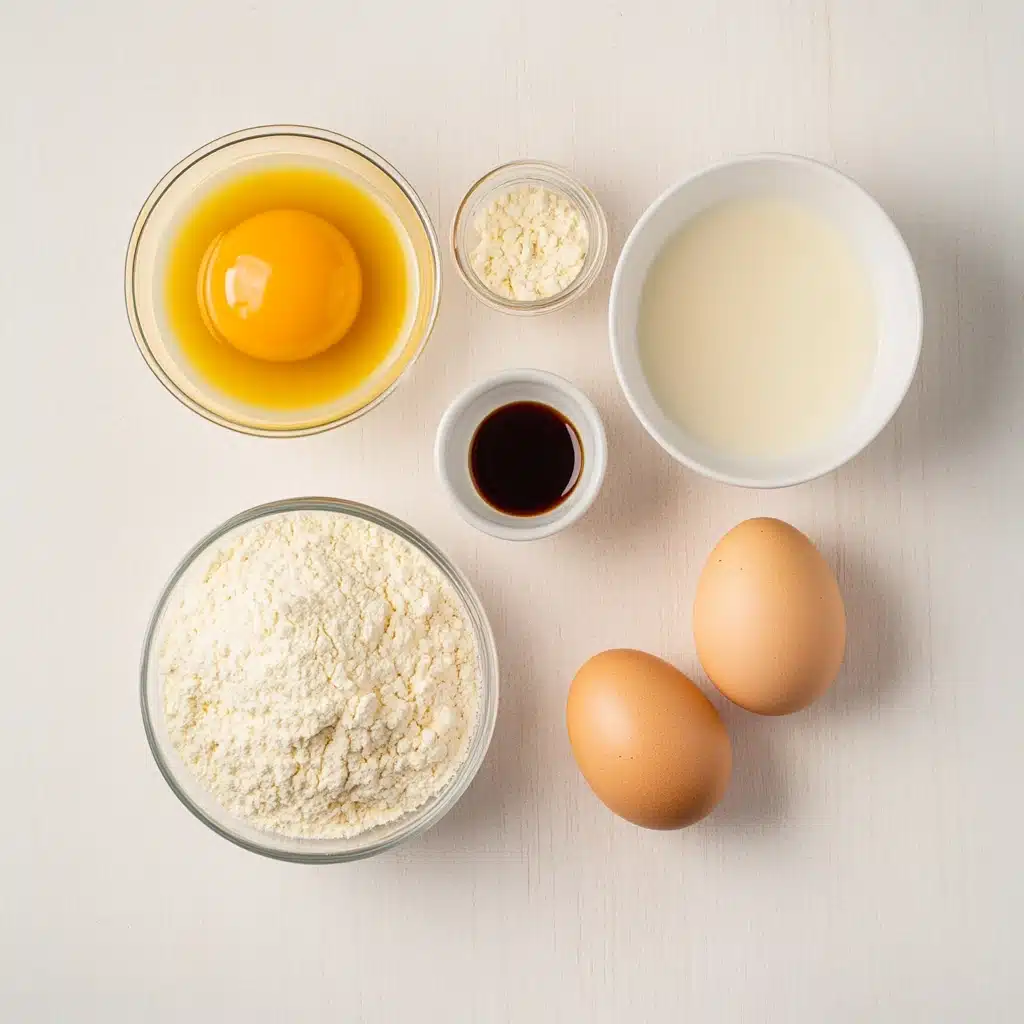 Flat lay of ingredients for Kodiak Cakes pancakes with eggs, milk