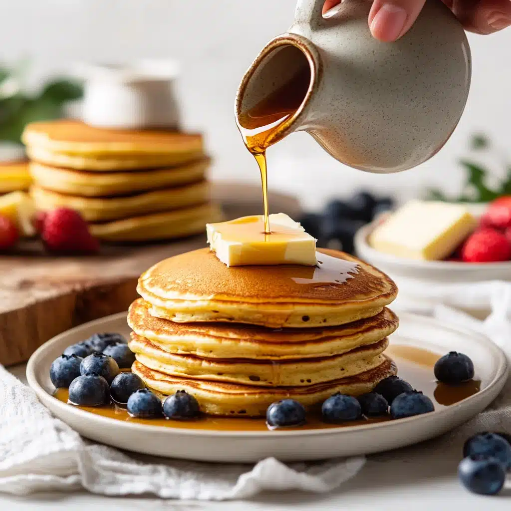 Pouring maple syrup over a stack of fluffy Kodiak Cakes pancakes with butter and berries