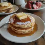 Golden fluffy pancakes made with Krusteaz pancake mix, topped with butter and syrup