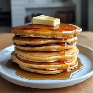 Fluffy stack of Krusteaz pancake mix recipe pancakes with syrup