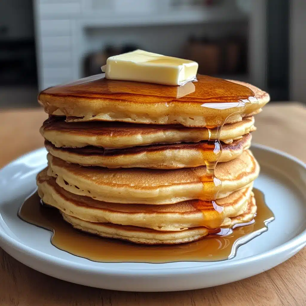 Fluffy stack of Krusteaz pancake mix recipe pancakes with syrup