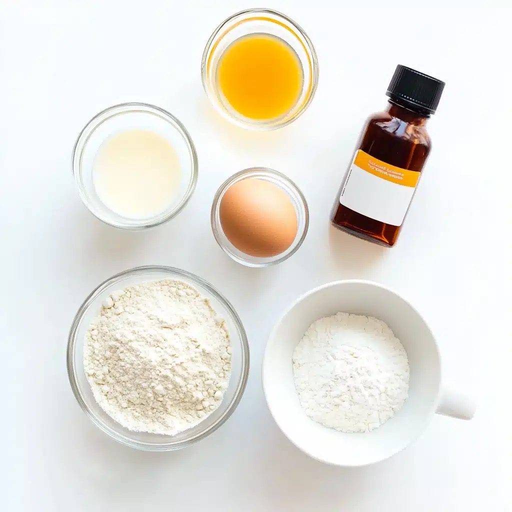 Mini pancake ingredients laid out on a white background with labels